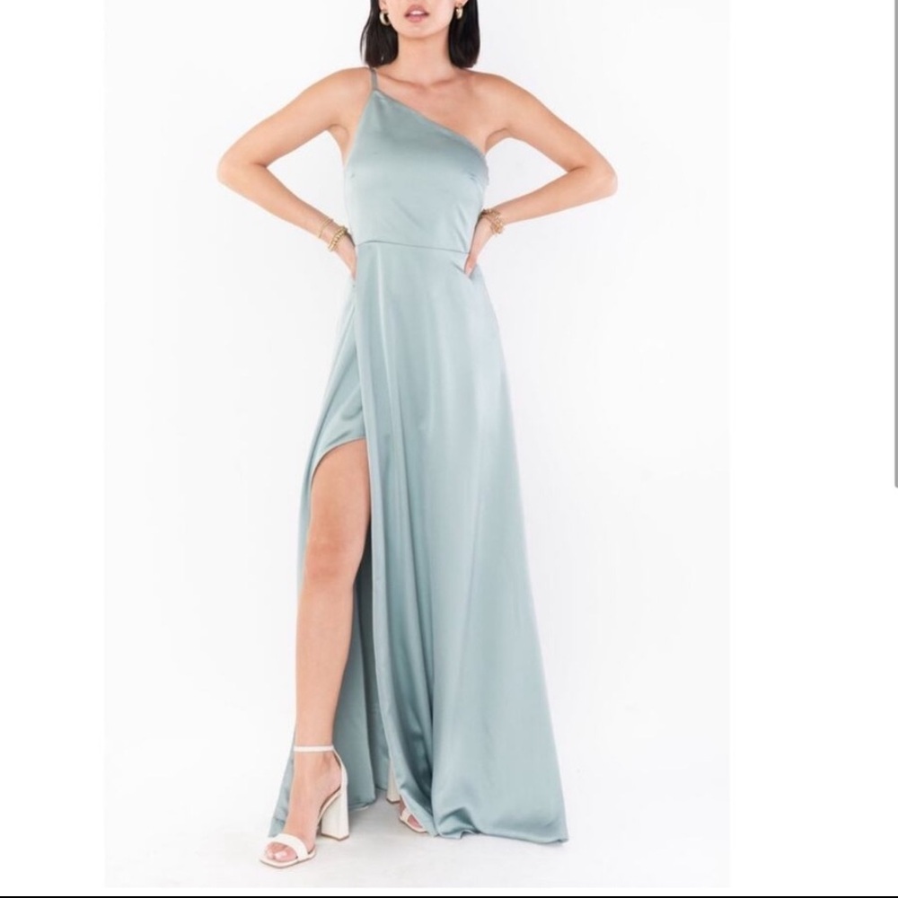 Show Me Your Mumu Shannon One Shoulder Maxi Dress NWT XS Silver Sage Satin Gown